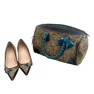 J crew leather & Harris Tweed Handbag & shoes set teal Accents brooch Italy 8